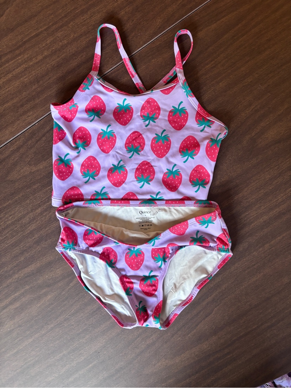 Quince Pink Strawberry Print Two-Piece Kids Swim Set